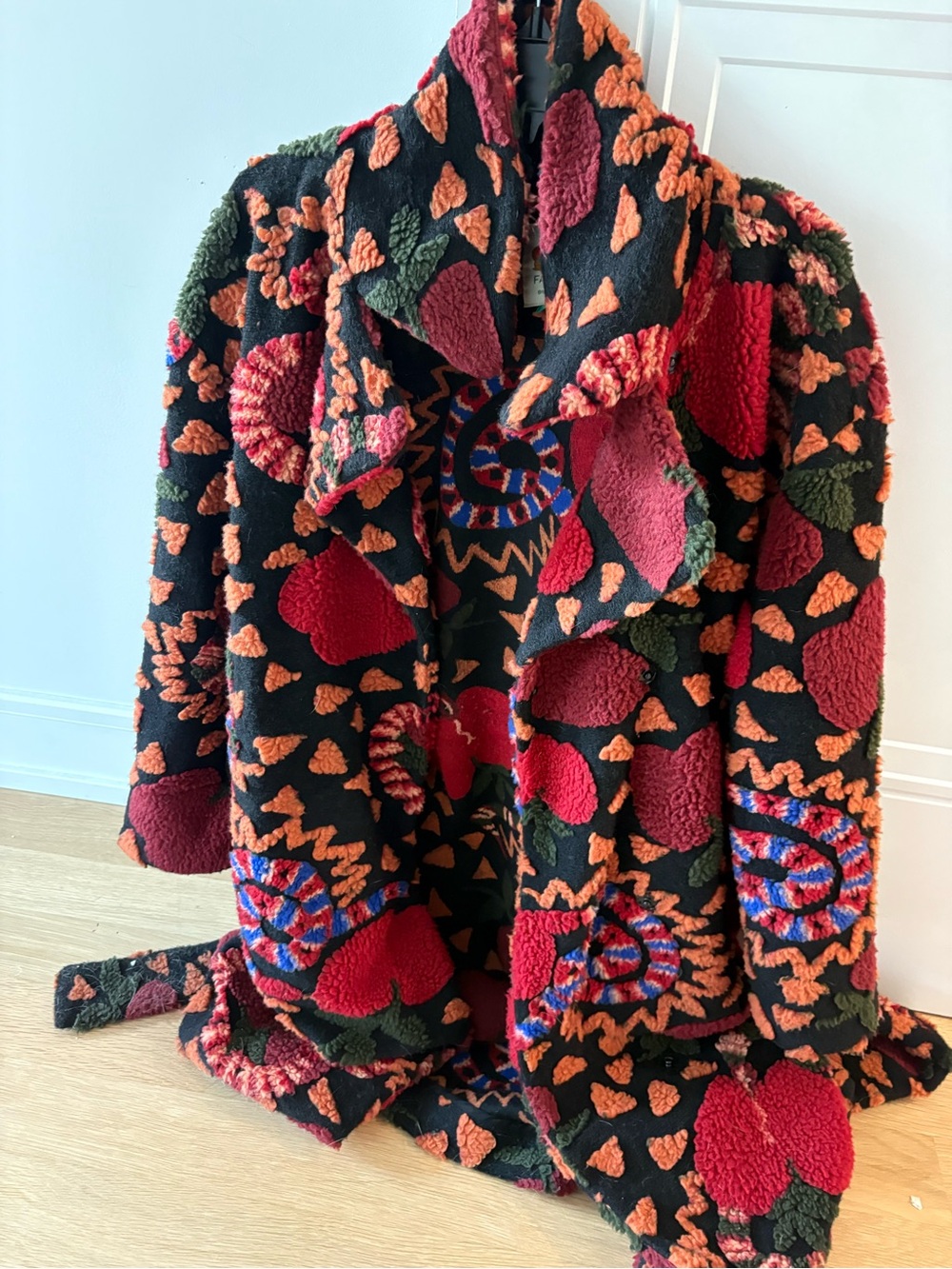 Farmrio size XS coat  Plush Patterned Coat in Black with Red & Orange Accents
